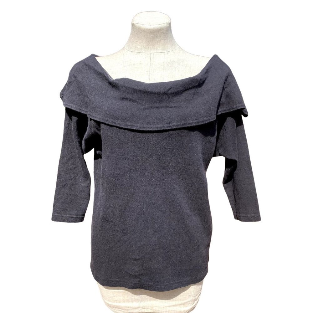 Vintage 90s Women's Black Cowl Neck Shirt Large Bardot Off-the-Shoulder